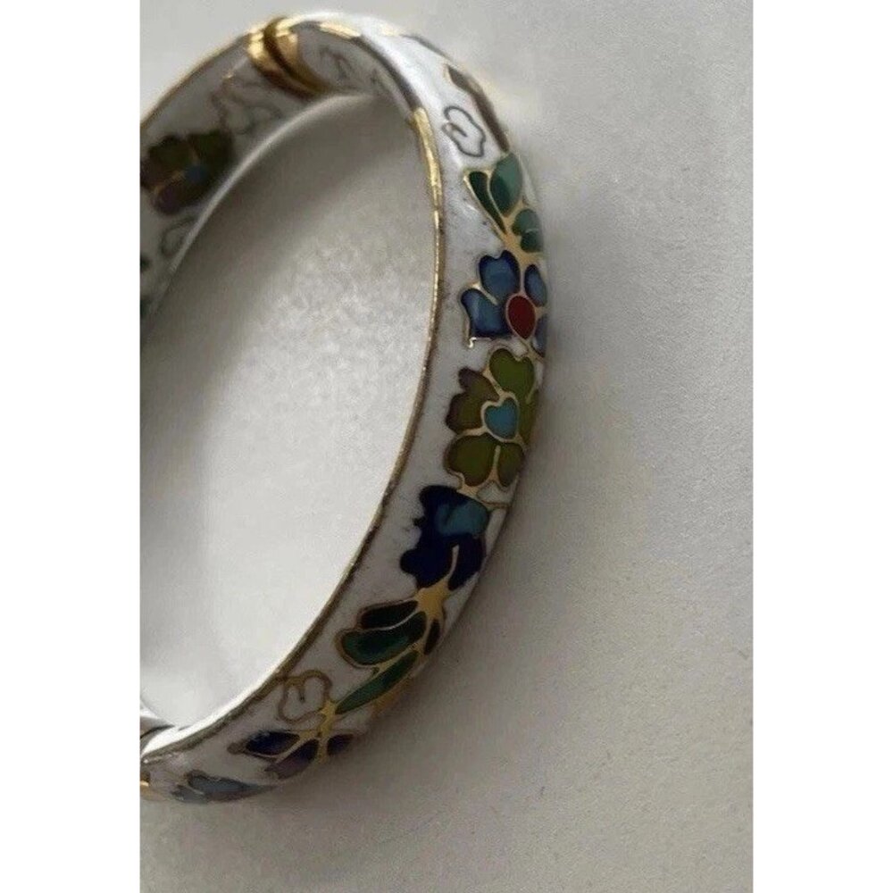 Vintage White Enamel Cloisonné Floral Blue Multi Color Hinged  Bangle Sz 7.5” - Picture 13 of 14